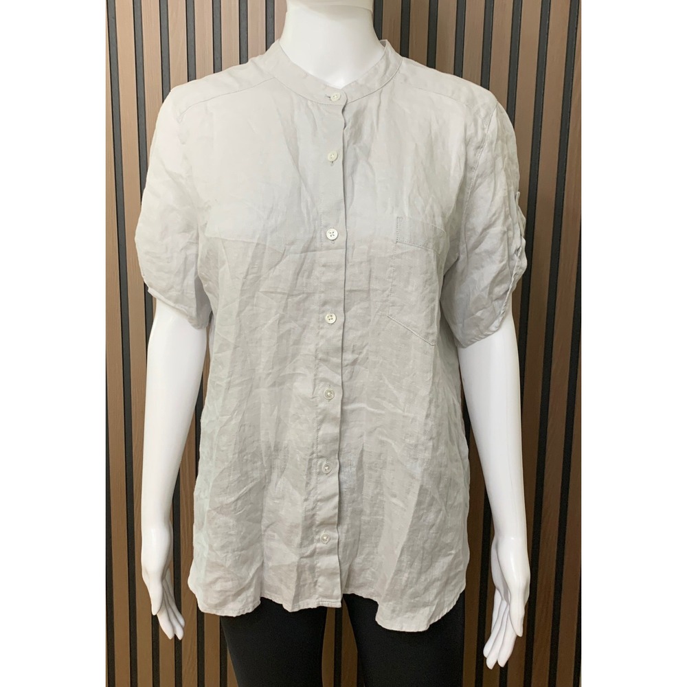 J. Jill Women's Gray 100% Linen Short Sleeve Band Collar Button Down Shirt LP